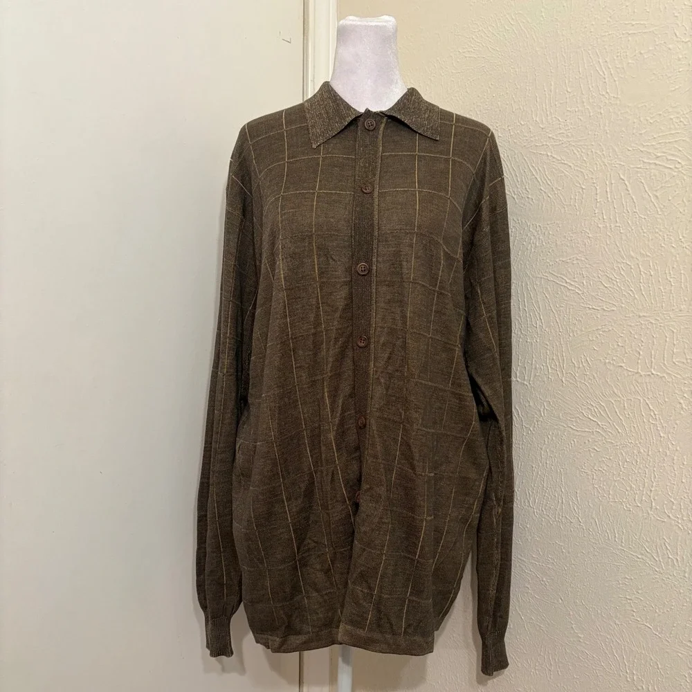 Anthology Mens Brown 100% Silk Grid Button Down Sweater Knit Polo Size Medium